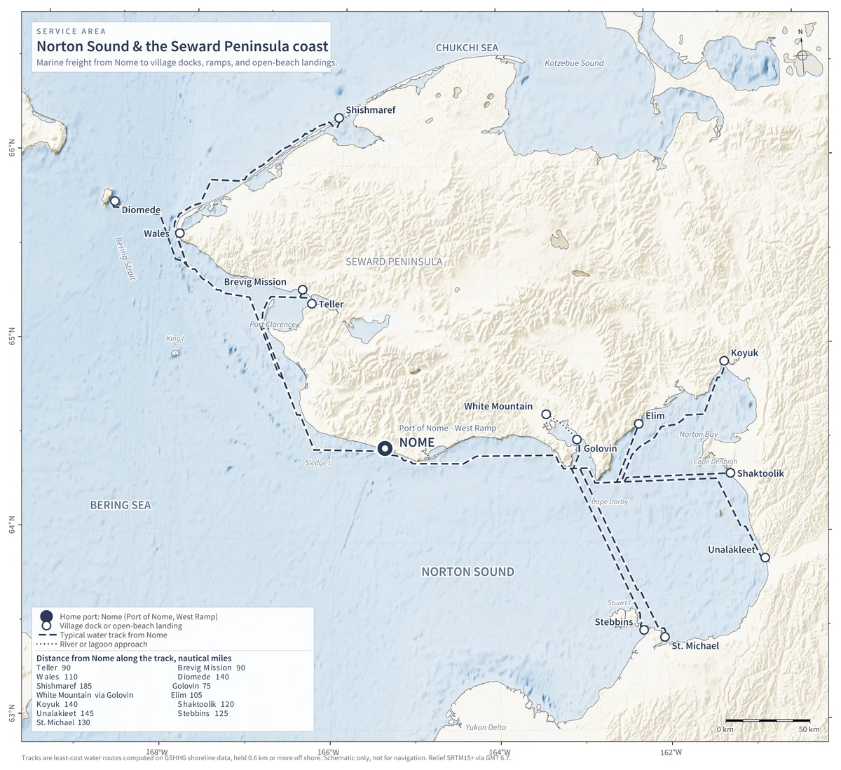 Map of Norton Sound and the Seward Peninsula, showing Nome, coastal communities, and illustrative water tracks